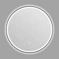 Round black aluminum alloy framed LED bathroom makeup mirror mounted on wall with touch control.