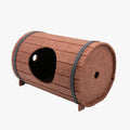 Assembled taupe and cream wine barrel shaped polyester fiber felt cat bed with three panels and two binding straps.