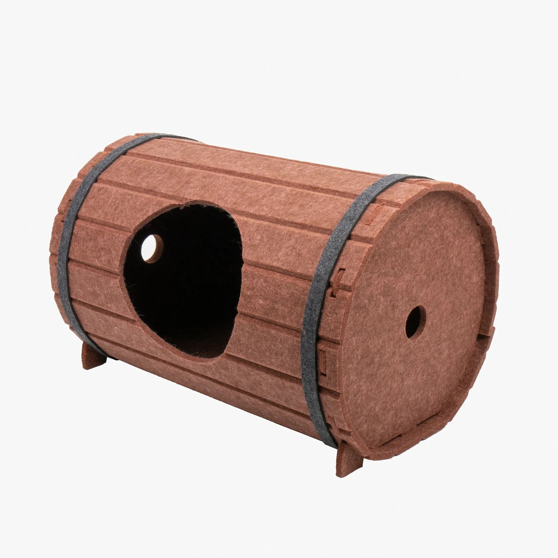 Assembled taupe and cream wine barrel shaped polyester fiber felt cat bed with three panels and two binding straps.