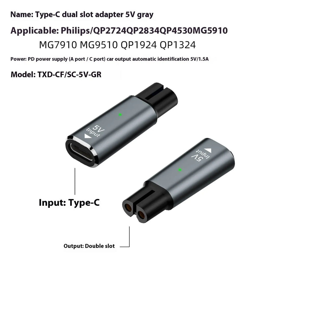 USB-C charging adapter for electric shavers with aluminium alloy housing in black and grey options