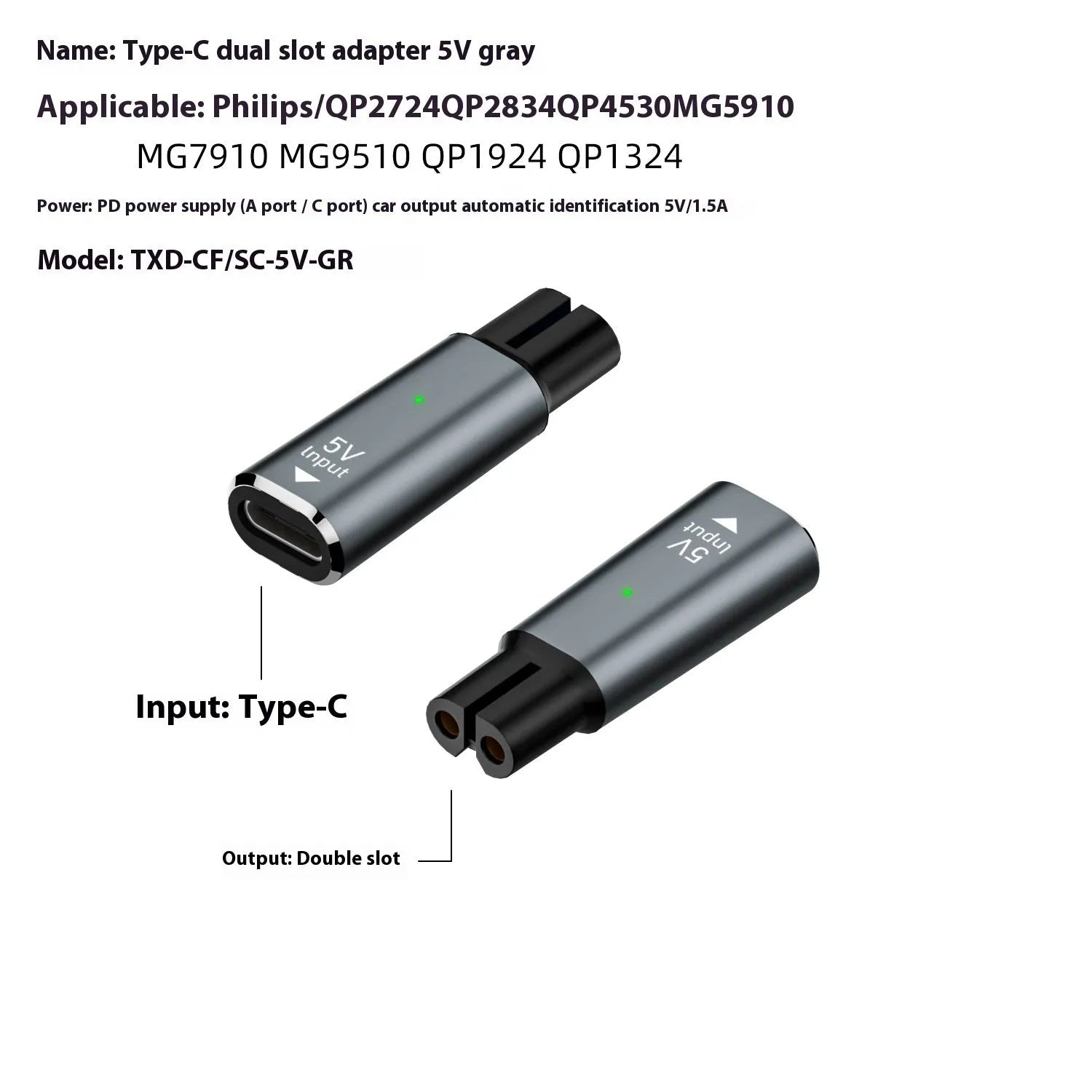 USB-C charging adapter for electric shavers with aluminium alloy housing in black and grey options