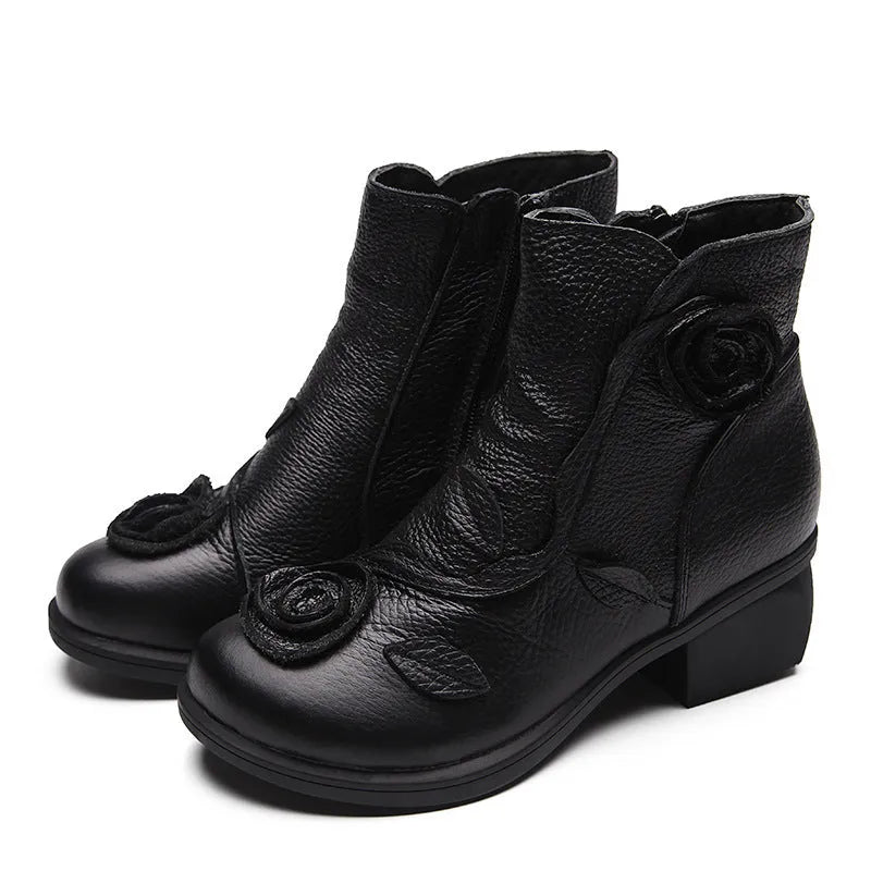 Handmade genuine leather ethnic Martin boots with chunky heel, waterproof platform, and flower embossing in red colour