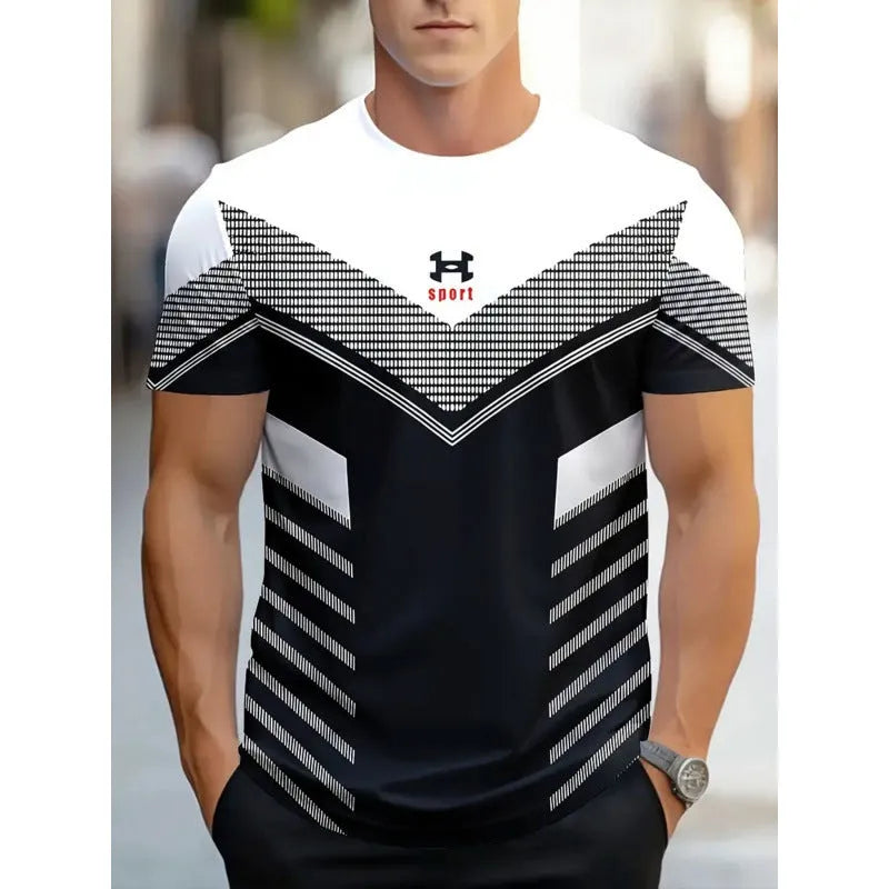 Men's loose grey T-shirt with colourful 3D printed vertical stripes, short sleeves, casual fit