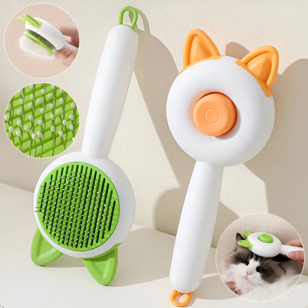 Self-cleaning pet grooming comb with stainless steel teeth in greenish white and orange white colour options