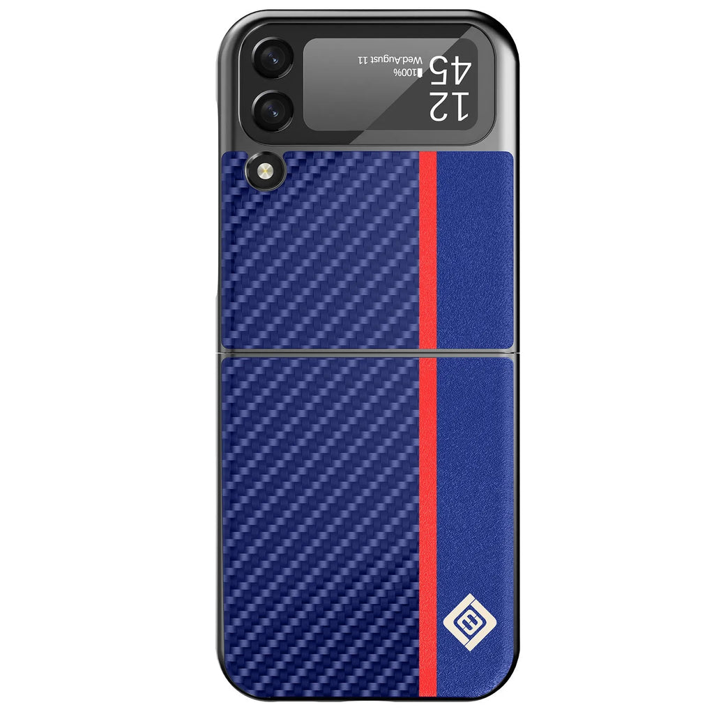 Fashion carbon fibre phone case for Samsung ZFLIP3 ZFLIP4 Zflip5 in black and blue leather finish