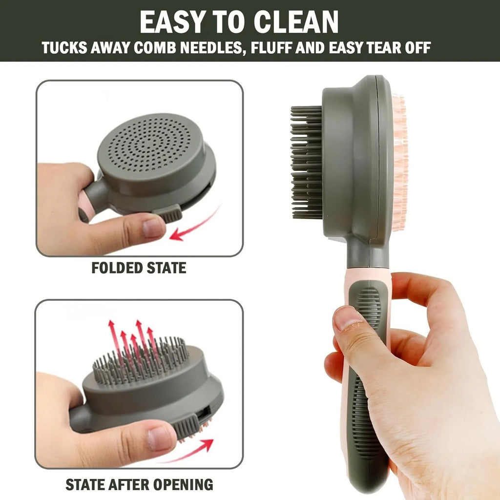 Green and pink double-sided cat brush with release button and flea comb for pet grooming