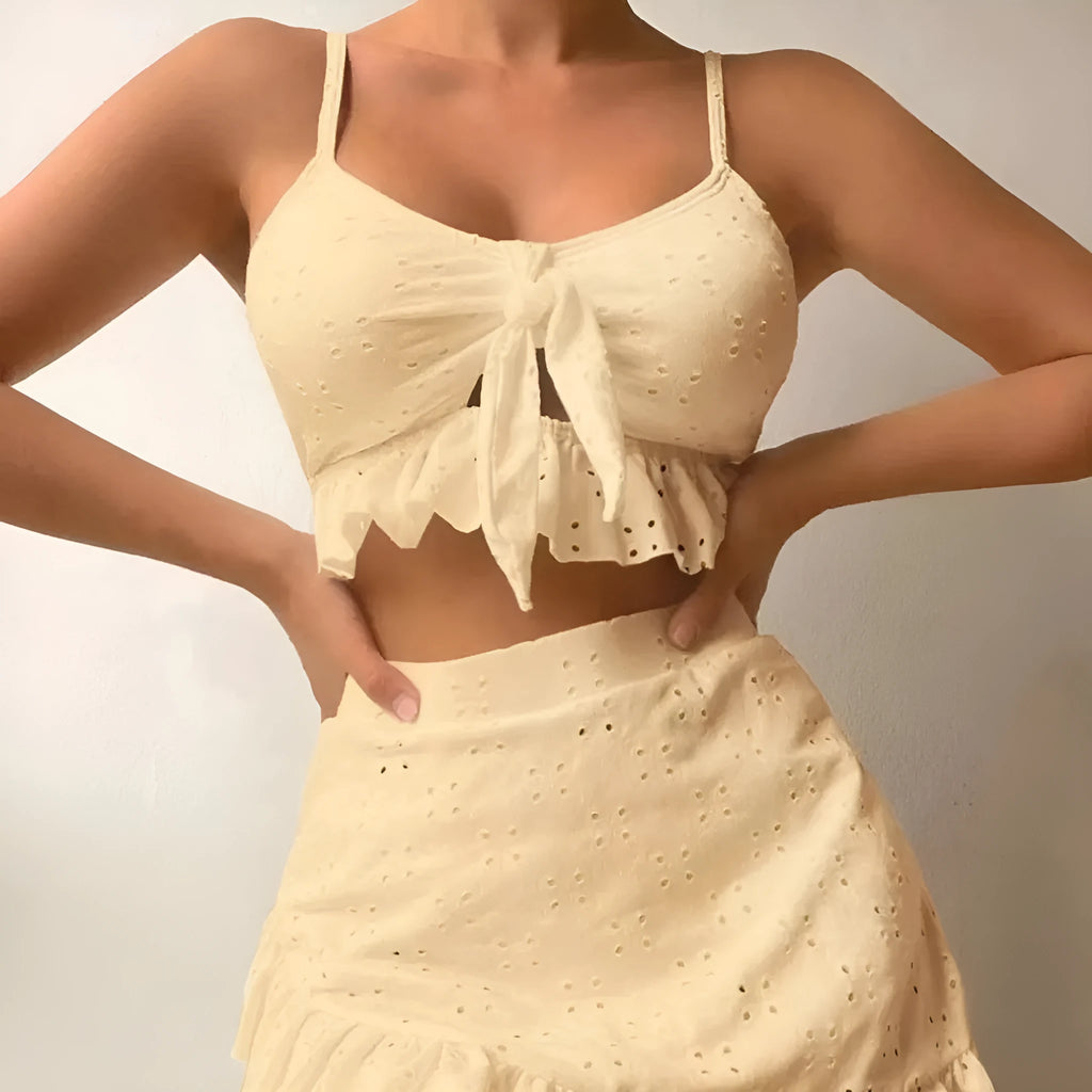 Women's split hip skirt three-piece bikini set in solid colour polyester, available in multiple shades including black and white