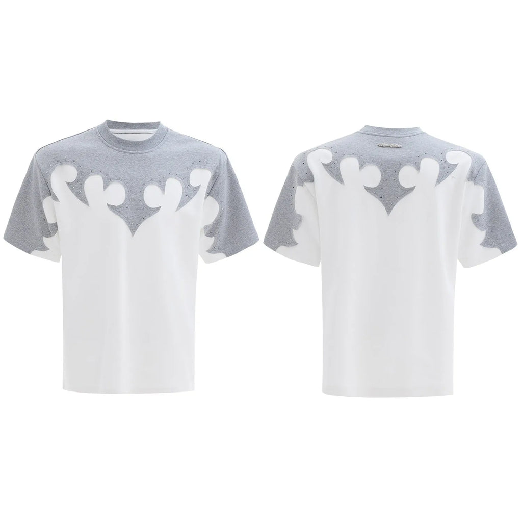 Men's cotton shirt with burnt flower embroidery and rhinestone detailing on chest, available in red, white, grey colours.