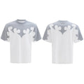 Men's cotton shirt with burnt flower embroidery and rhinestone detailing on chest, available in red, white, grey colours.