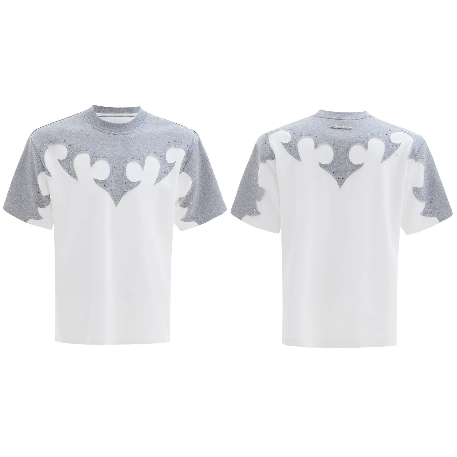Men's cotton shirt with burnt flower embroidery and rhinestone detailing on chest, available in red, white, grey colours.