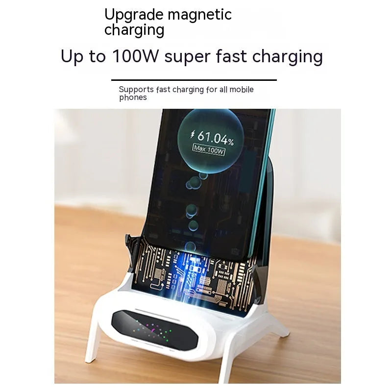 Transparent small chair wireless charger phone stand in white, pink, and blue colours with 100W magnetic suction quick charging