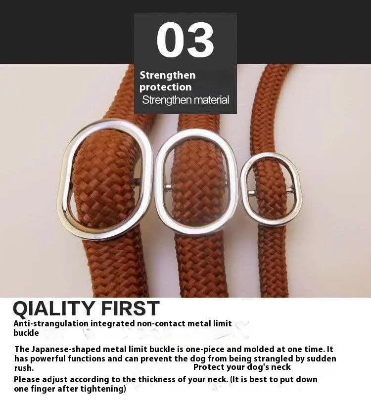 Brown nylon dog leash with a metal P-chain integrated into the handle loop.