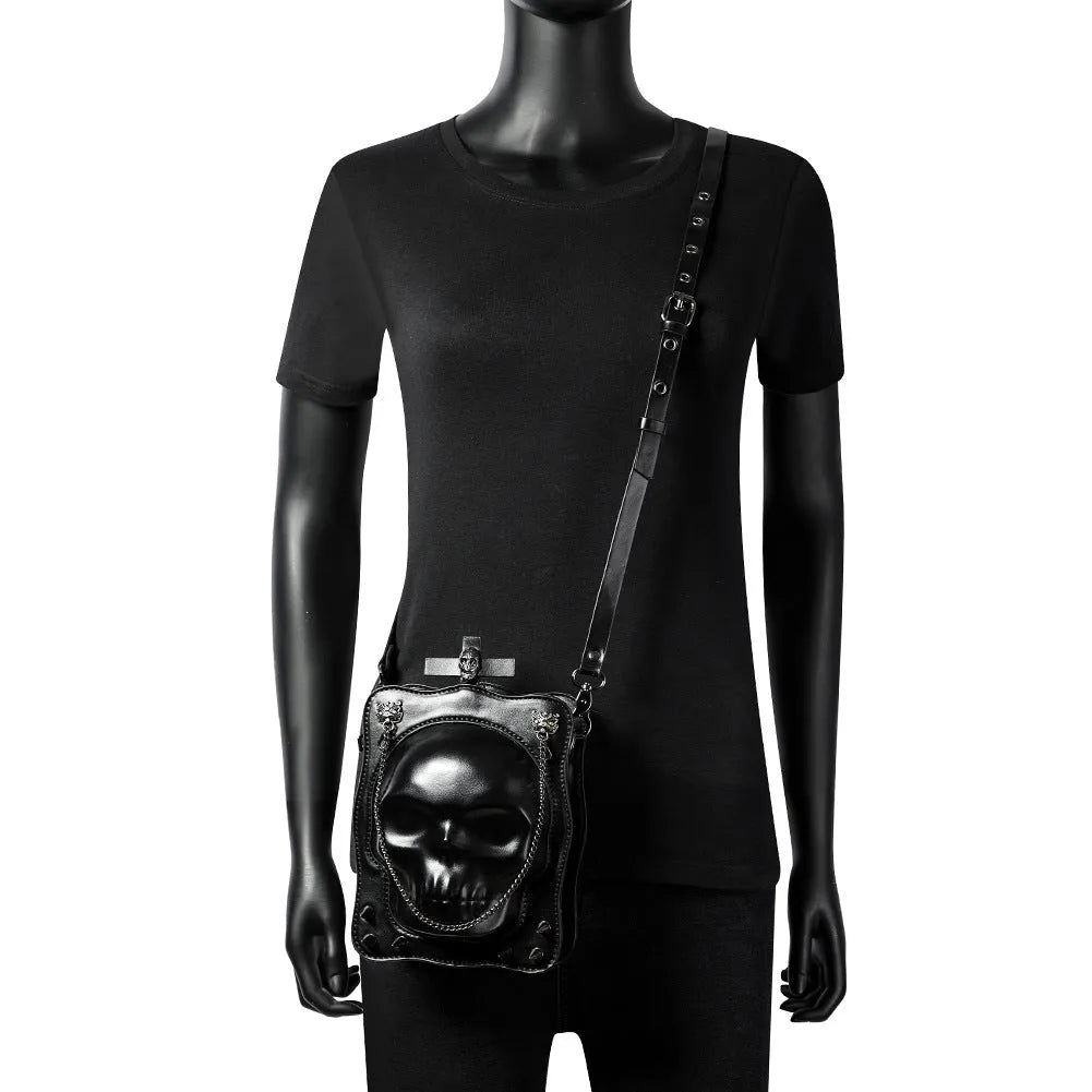 Black gothic skull mini square crossbody messenger bag with chain strap and zip opening