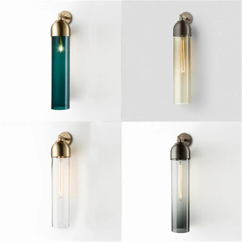 Modern minimalist glass wall lamp 10x40cm with five colour options including blue amber and milky white
