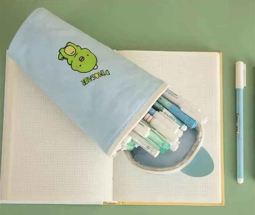 Round canvas pencil bag with cartoon pattern for junior high school pupils, 193x72mm, random colour mixed