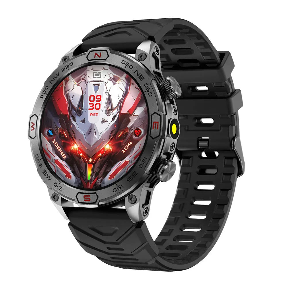 Black sports smartwatch with AMOLED screen and silicone strap on a wrist