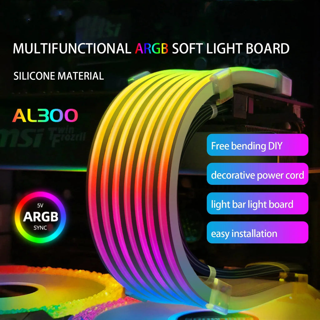 White ABS computer case neon light bar with 44 LED beads, 300mm length, multi-angle adjustment, and cable ties