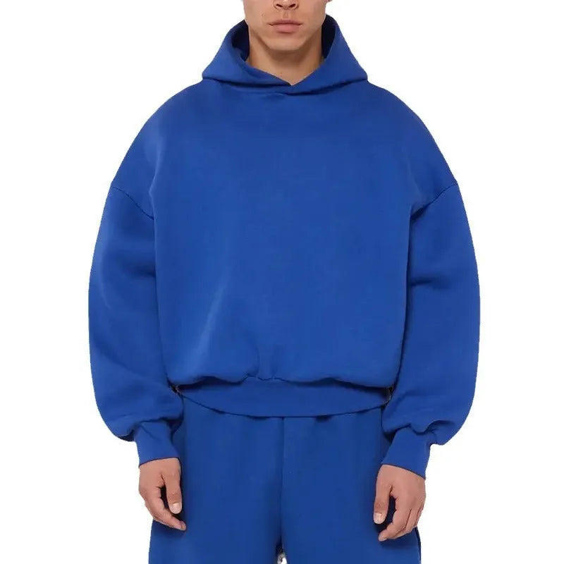 Men's solid colour fleece-lined cotton hoodie sweater with a wool lining and pullover design.
