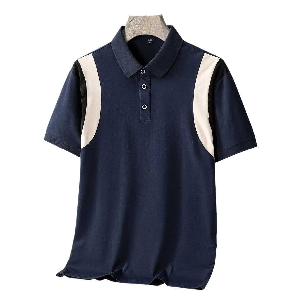 Men's striped short-sleeve T-shirt with V-neck business lapel in thin cotton fabric, shown in grey.