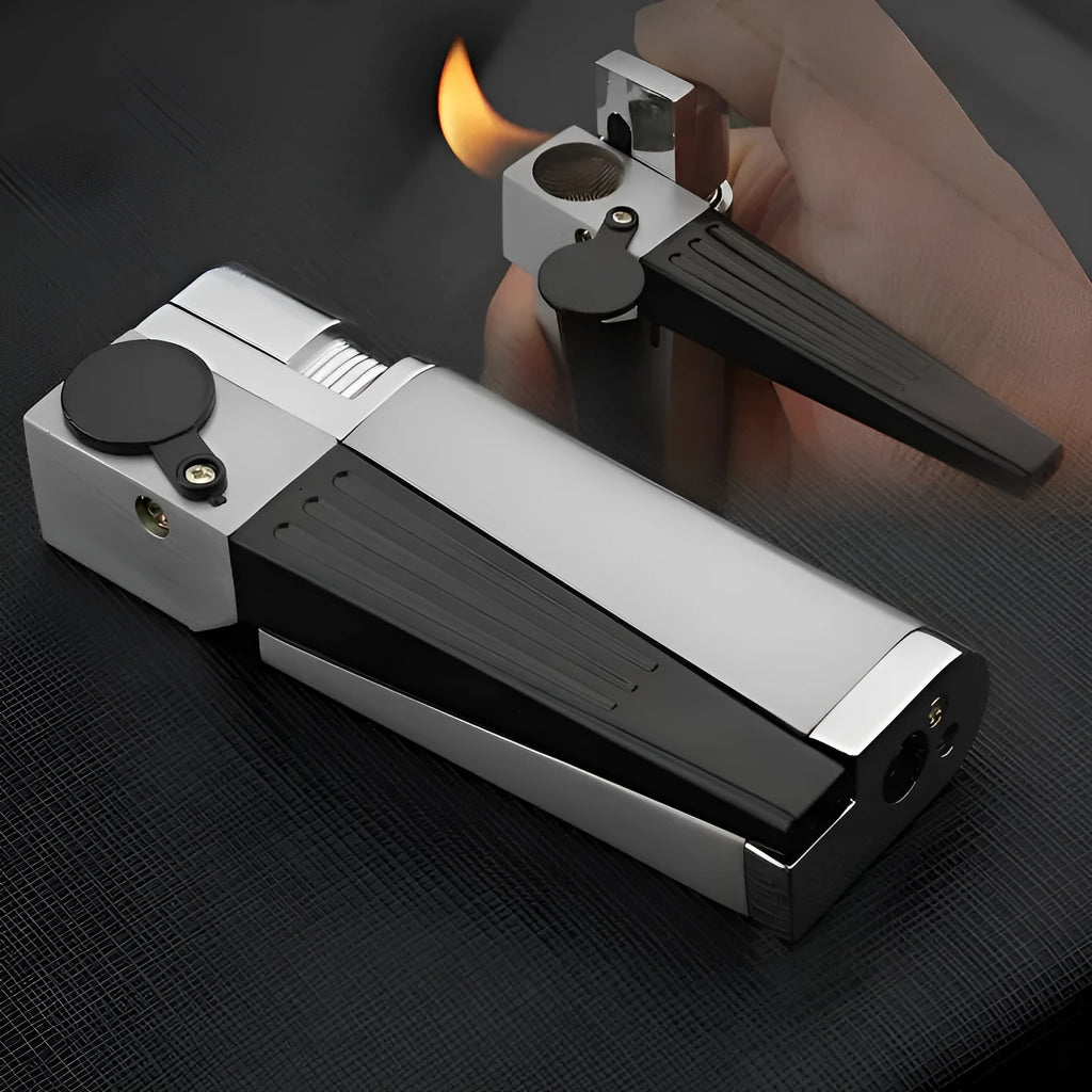Foldable pipe lighter in No.1 silver square cover with metal flap closed, 9.2cm length, zinc alloy body