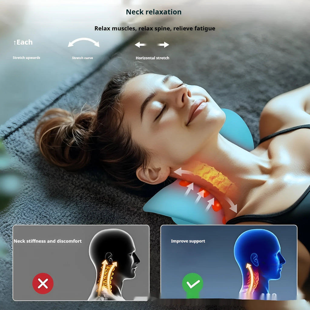 Blue USB-powered cervical traction pillow with red light and infrared therapy on a flat surface