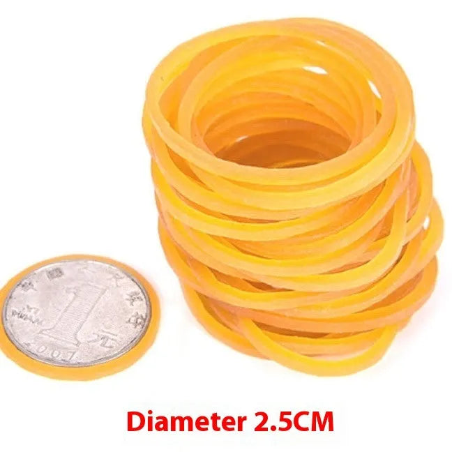 500g pack of assorted size yellow rubber bands showing diameters from 25mm to 70mm