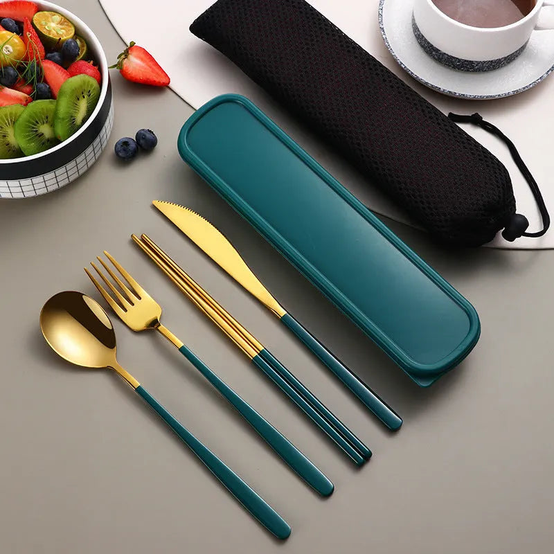 304 stainless steel portable cutlery set with knife fork spoon and gold mesh bag on table