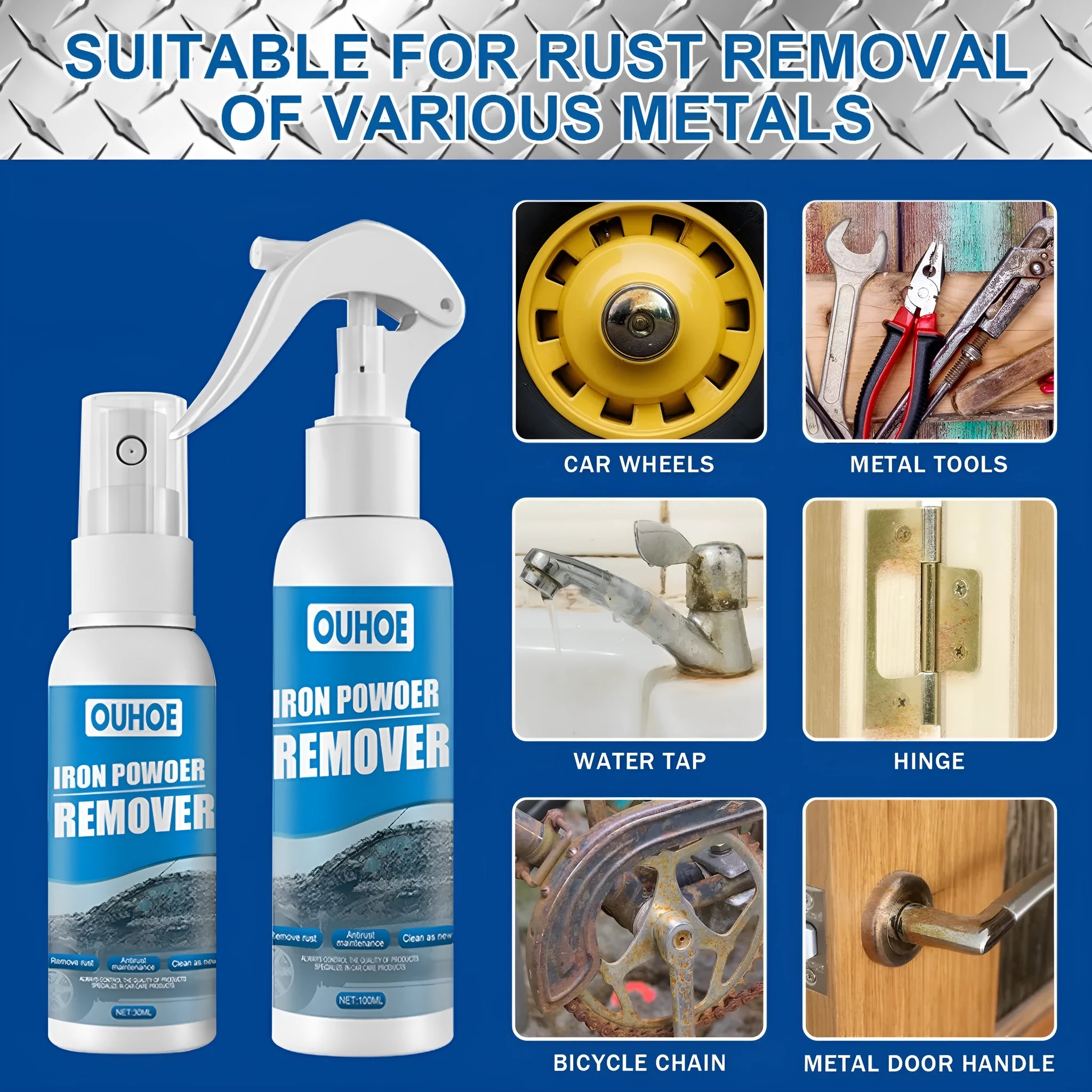 Automotive rust remover spray kit with spray bottle and blue sponge or towel applicator