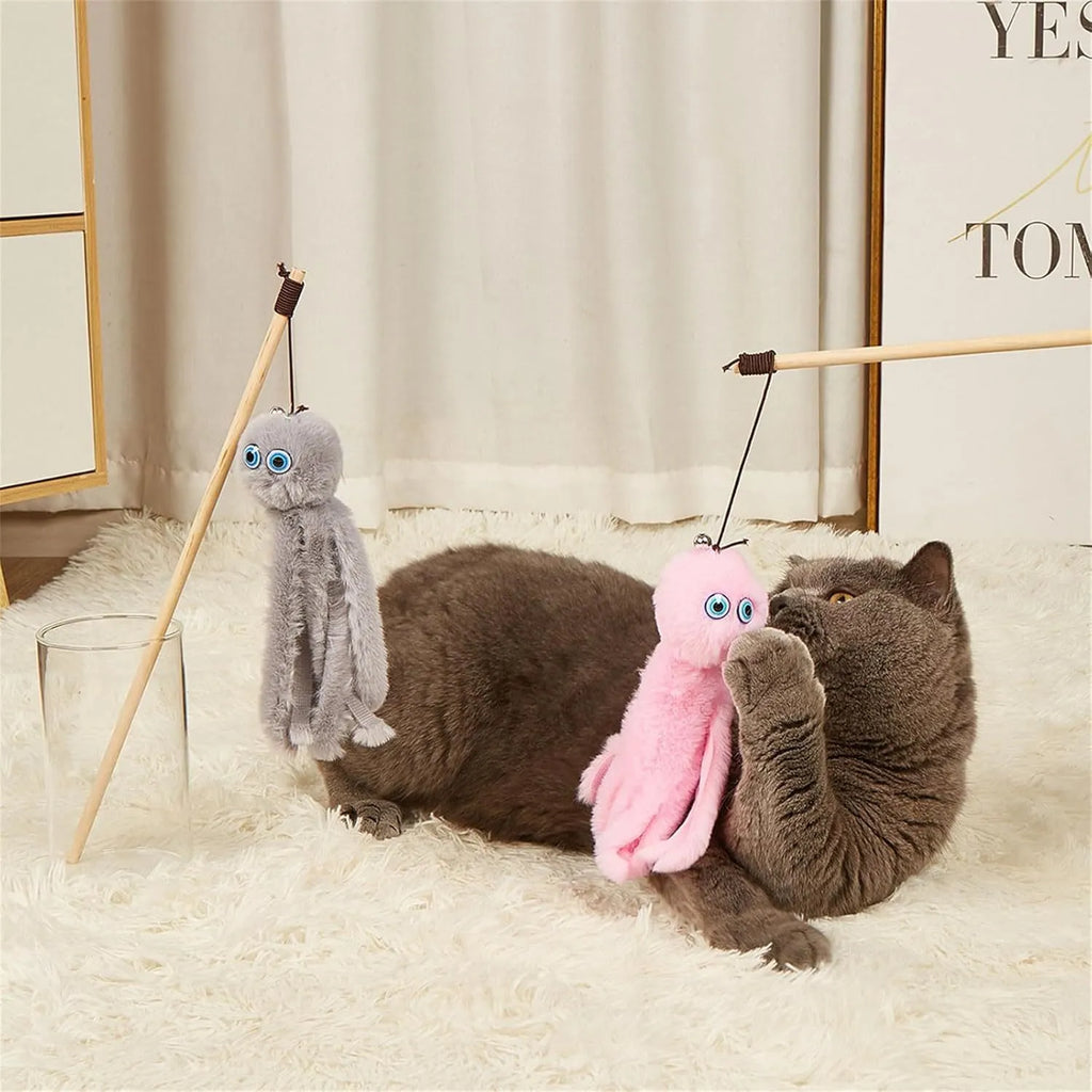 Furry octopus cat toy with eyes on 40cm flexible wand in choice of colours