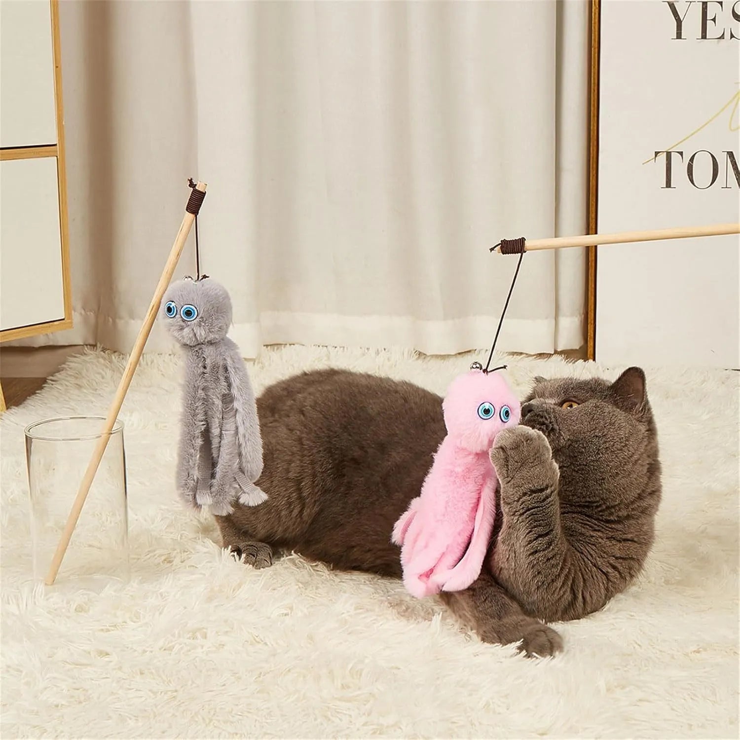 Furry octopus cat toy with eyes on 40cm flexible wand in choice of colours