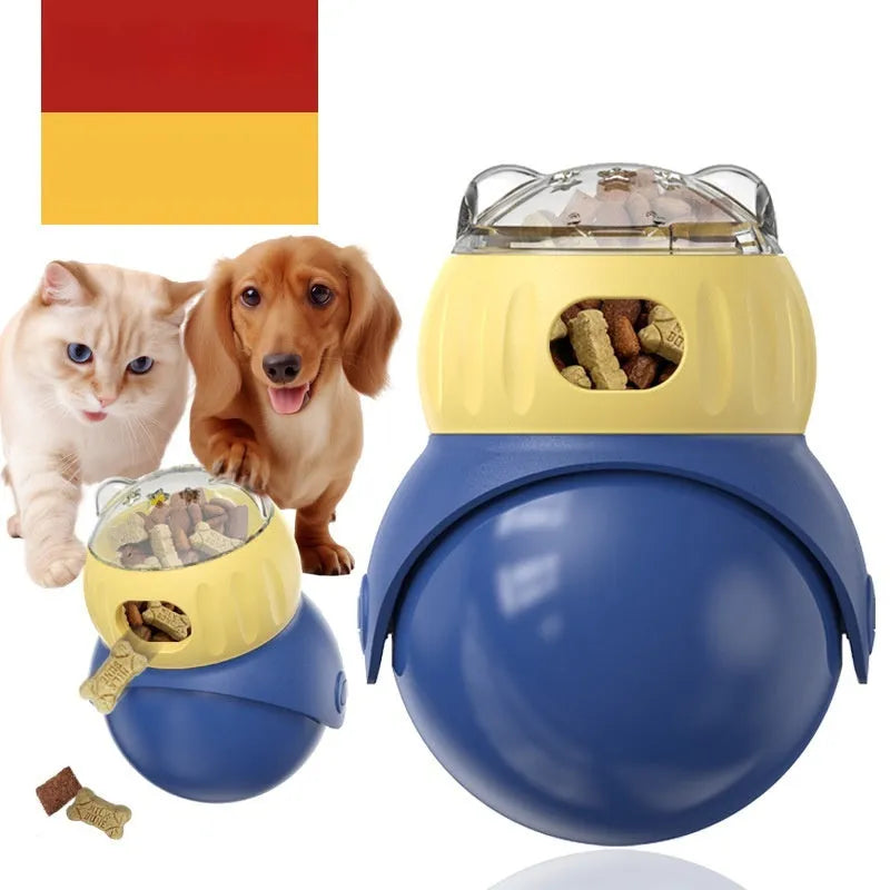 Morandi yellow and blue plastic owl-shaped cat puzzle feeder toy on a floor