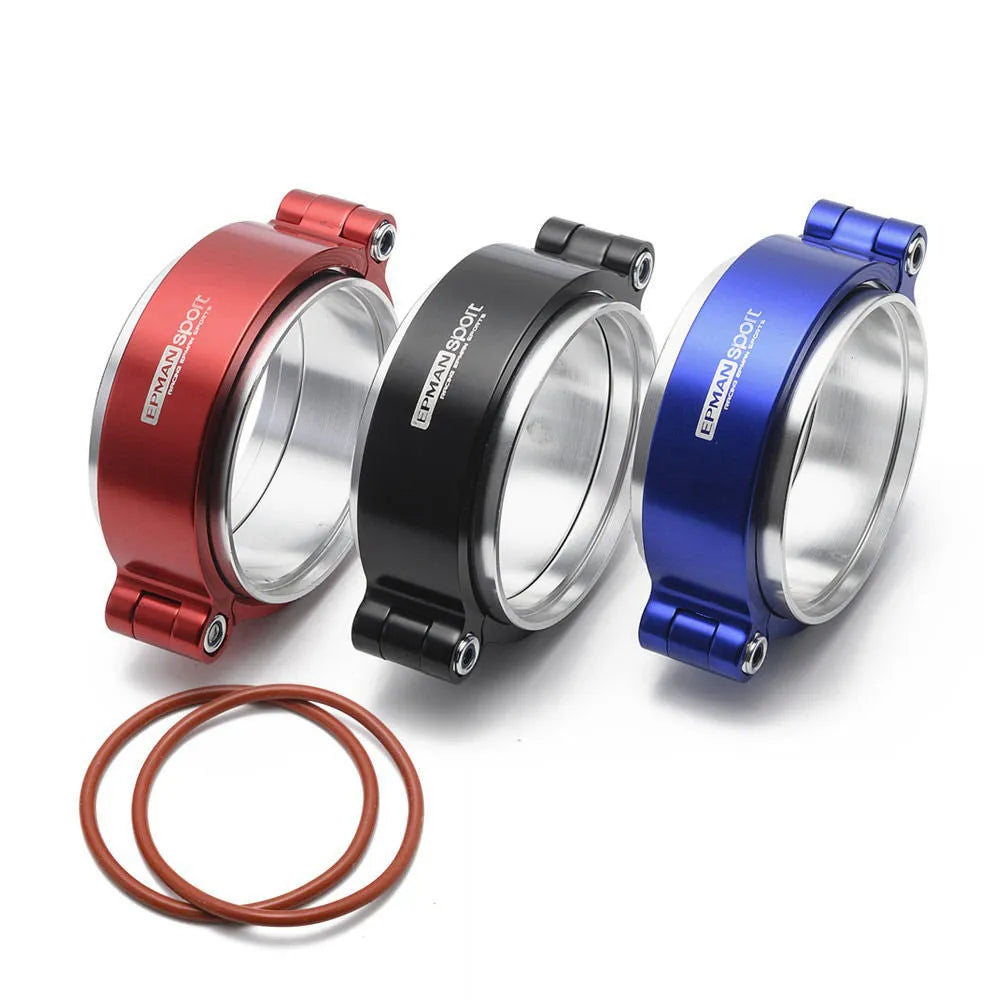 Aluminium fixed movement exhaust clamp for turbo systems in black, with size markings