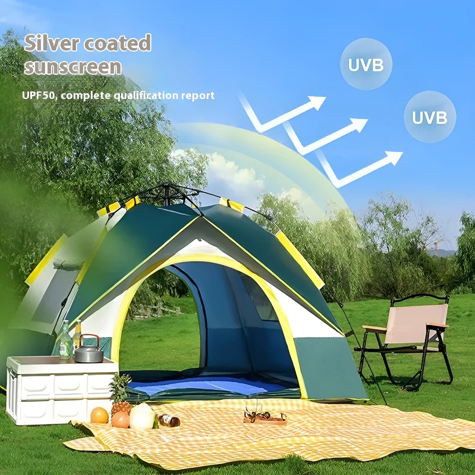 Dark green automatic pop-up camping tent for 3-4 people with quick open mechanism