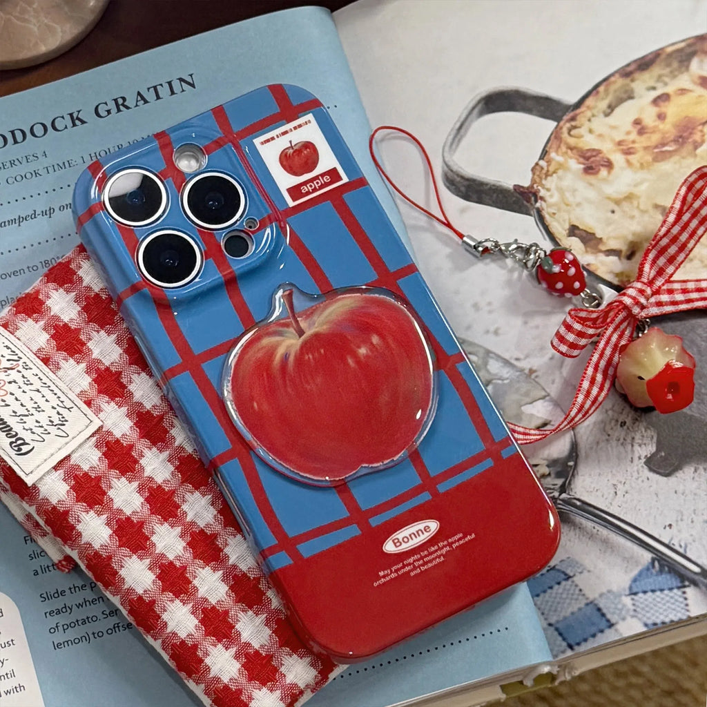Full-coverage 3D checkered phone case with fruit pattern in Film Blue Red Grid colour, soft shell variant with little cat pendant.