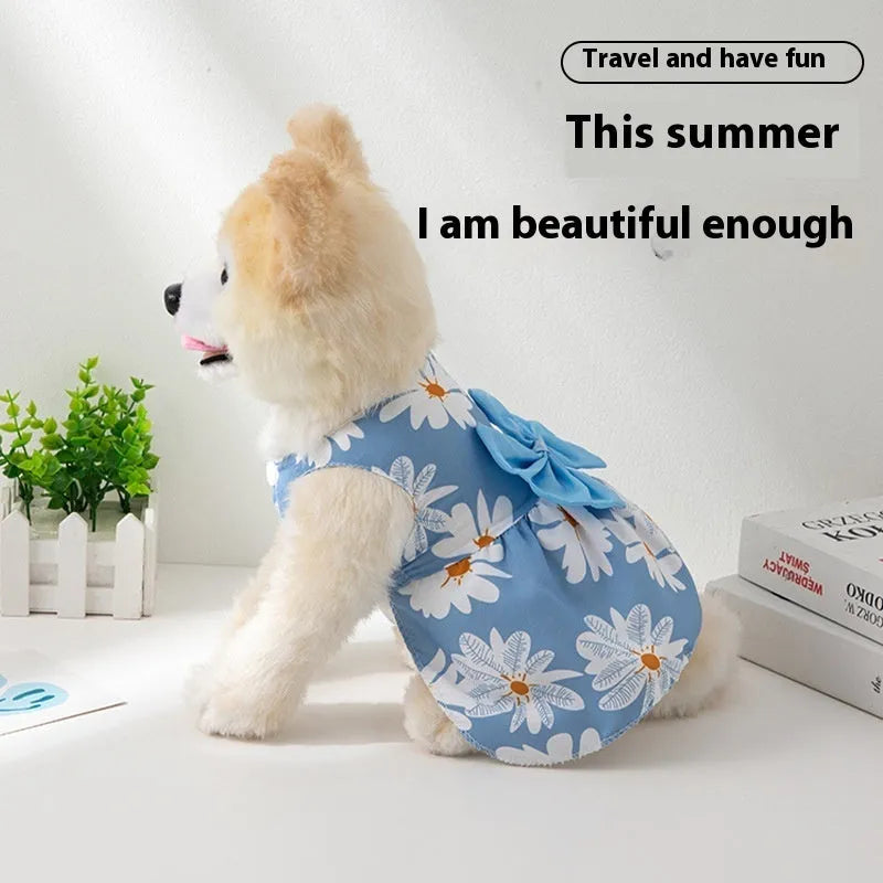 Ultra-thin polyester pet dress with floral butterfly patterns and decorative coloured bow