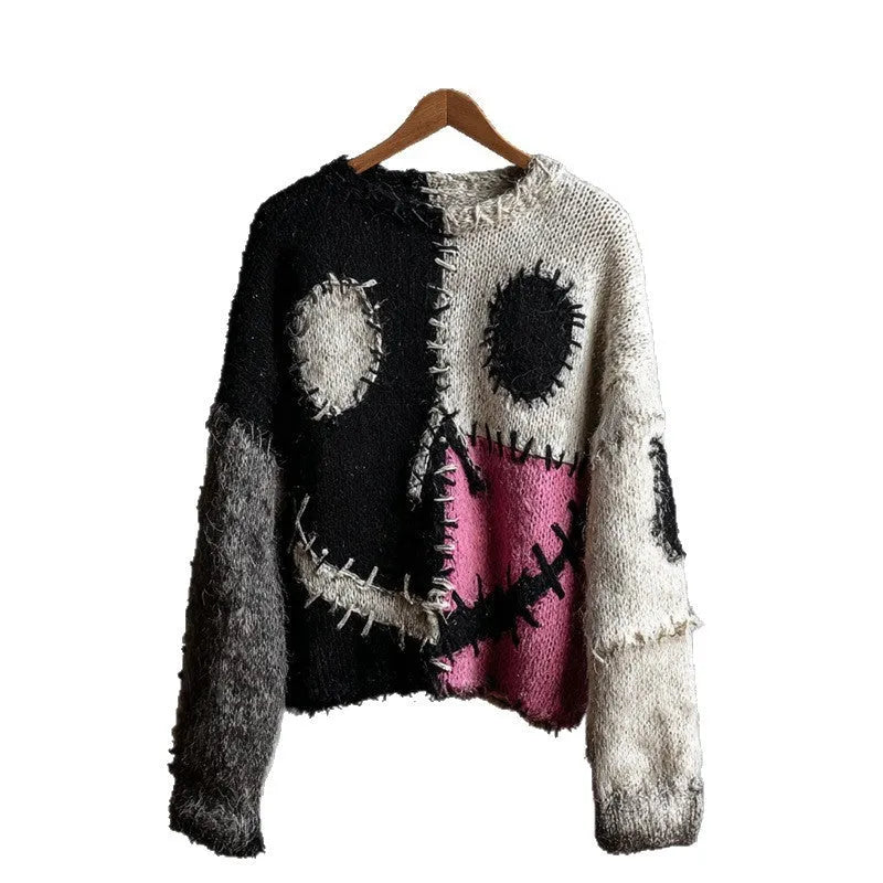 Women's digital print pullover sweater with 3D stereo pattern, round neck, long sleeves, loose fit in polyester knit