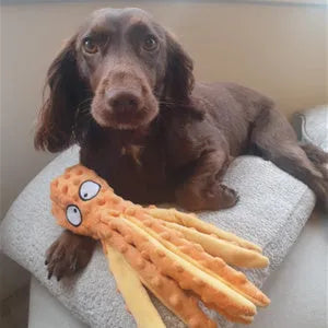 Blue no stuffing octopus squeaky toy with crinkle paper and BB call for dogs, made from crystal soft mesh, 32cm long