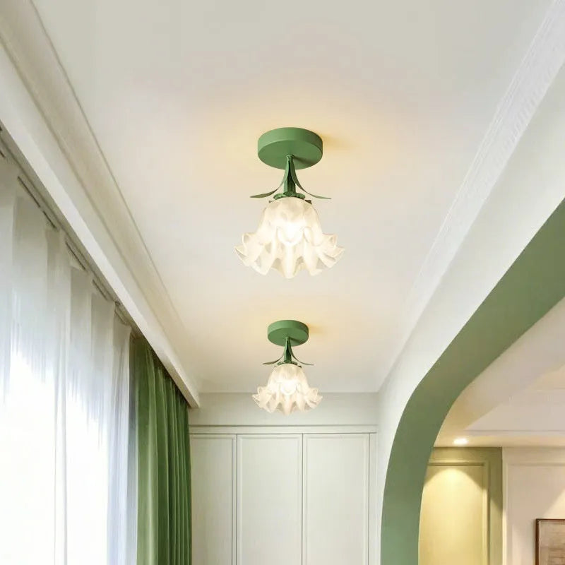 Cream coloured Linglan flower design modern corridor ceiling light with remote control for dimming.