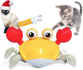 Blue or red electronic crawling crab dog toy with lights, shown next to its USB charging cable.