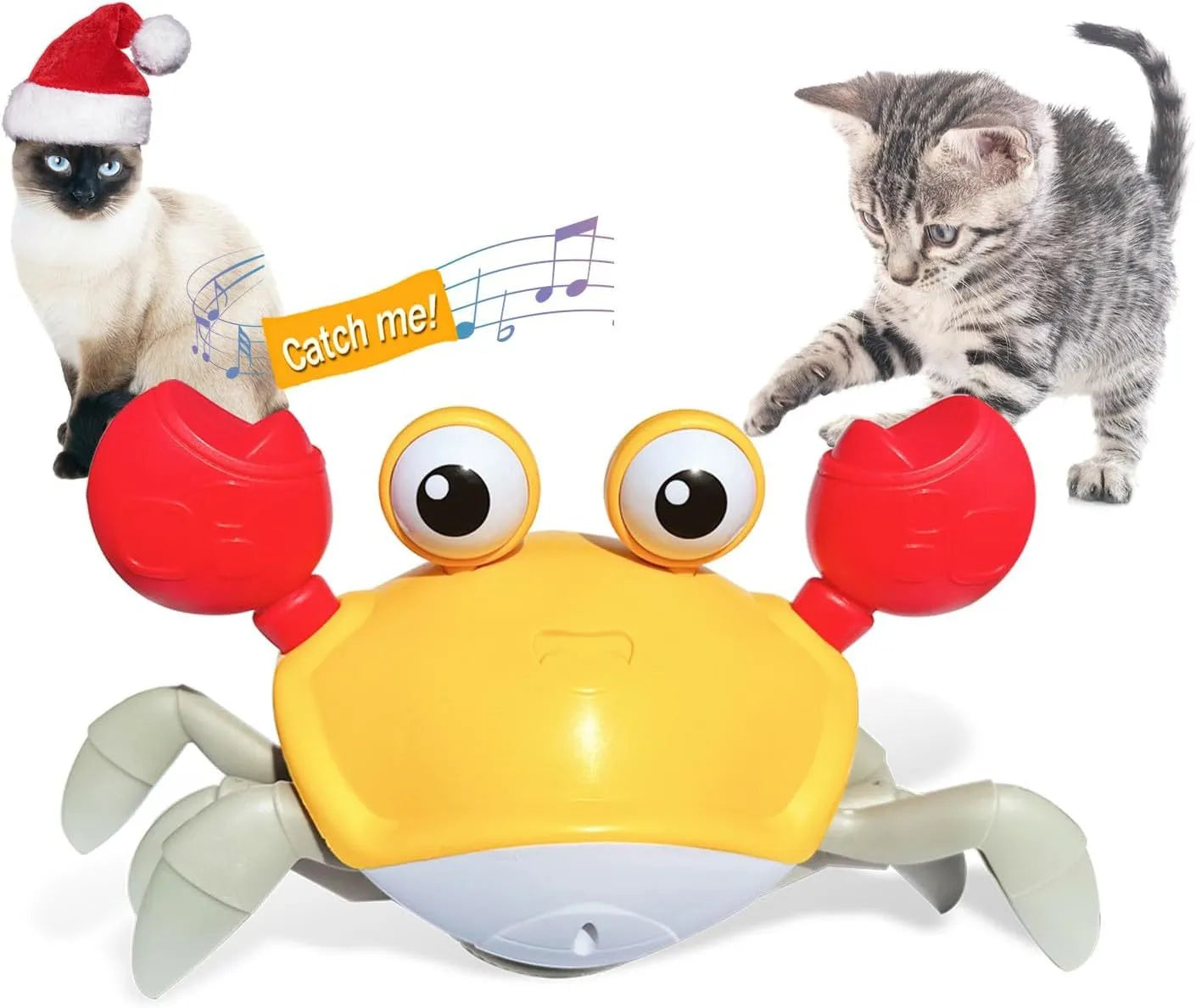 Blue or red electronic crawling crab dog toy with lights, shown next to its USB charging cable.