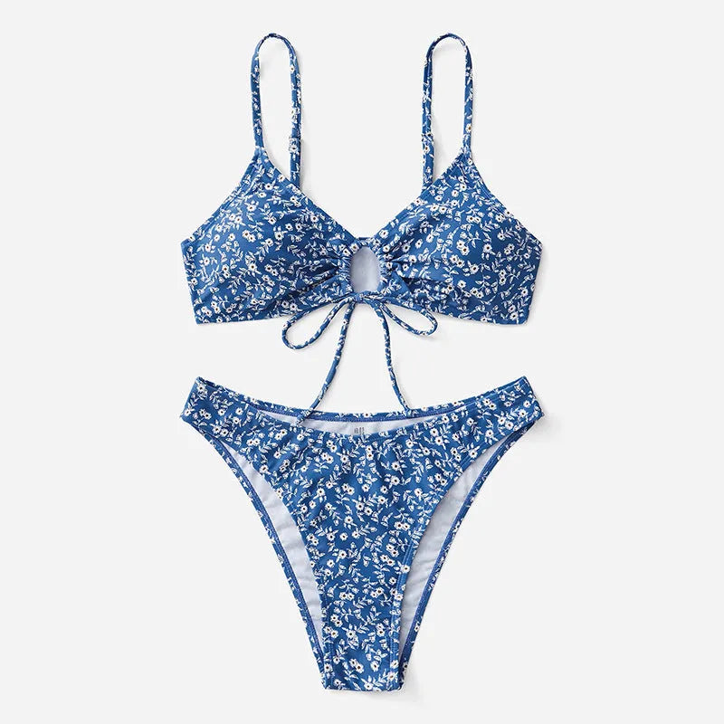 Blue women's polyester swimsuit set with tank top and shorts, no steel ring.