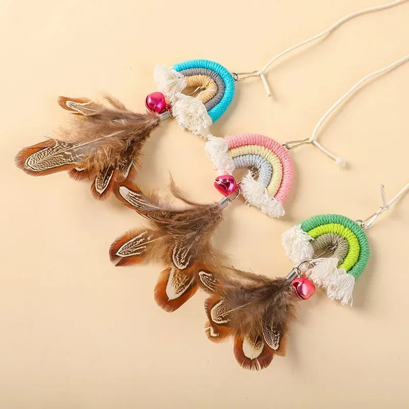Feather cat rope door swing toy with elastic sticky buckle, available in blue, green, and pink
