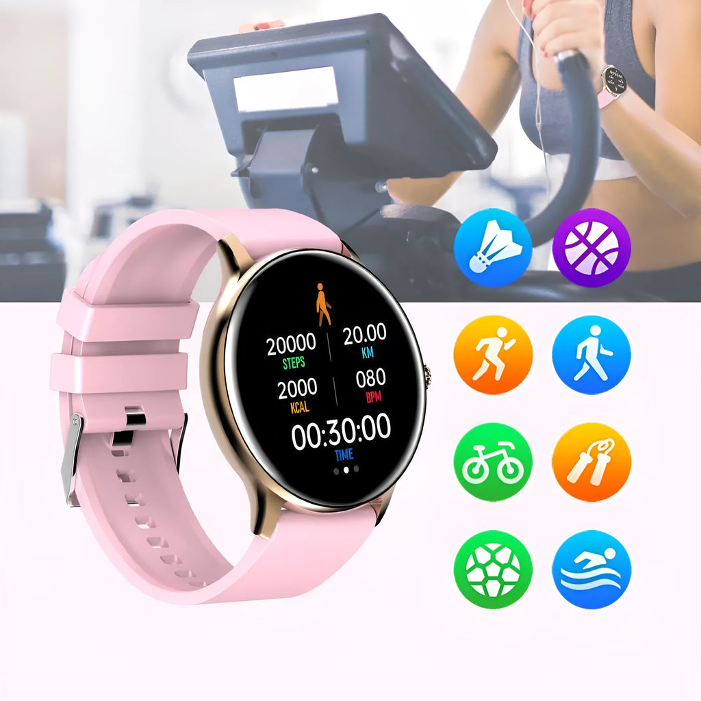 Circular smart sports watch with blood pressure monitoring on silicone wristband