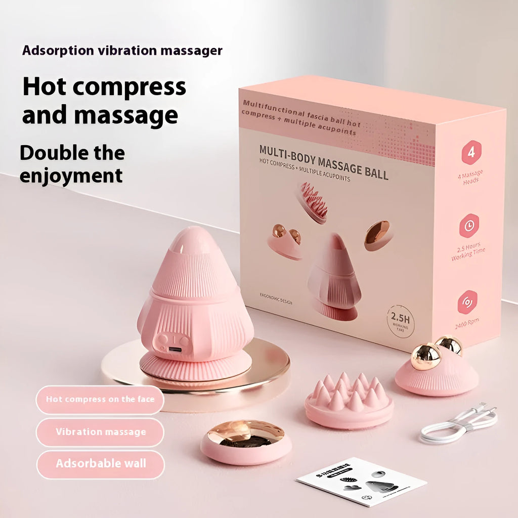Rechargeable multi-head silicone neck massager with hot compress function in pink, gray, and green, boxed