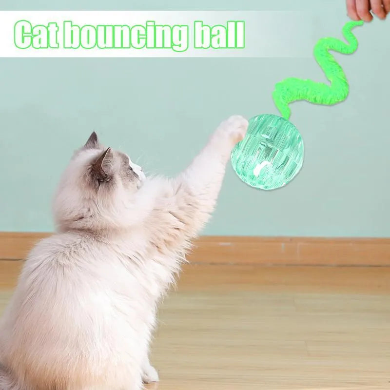 Interactive cat ball toy with worm tail in green on light background