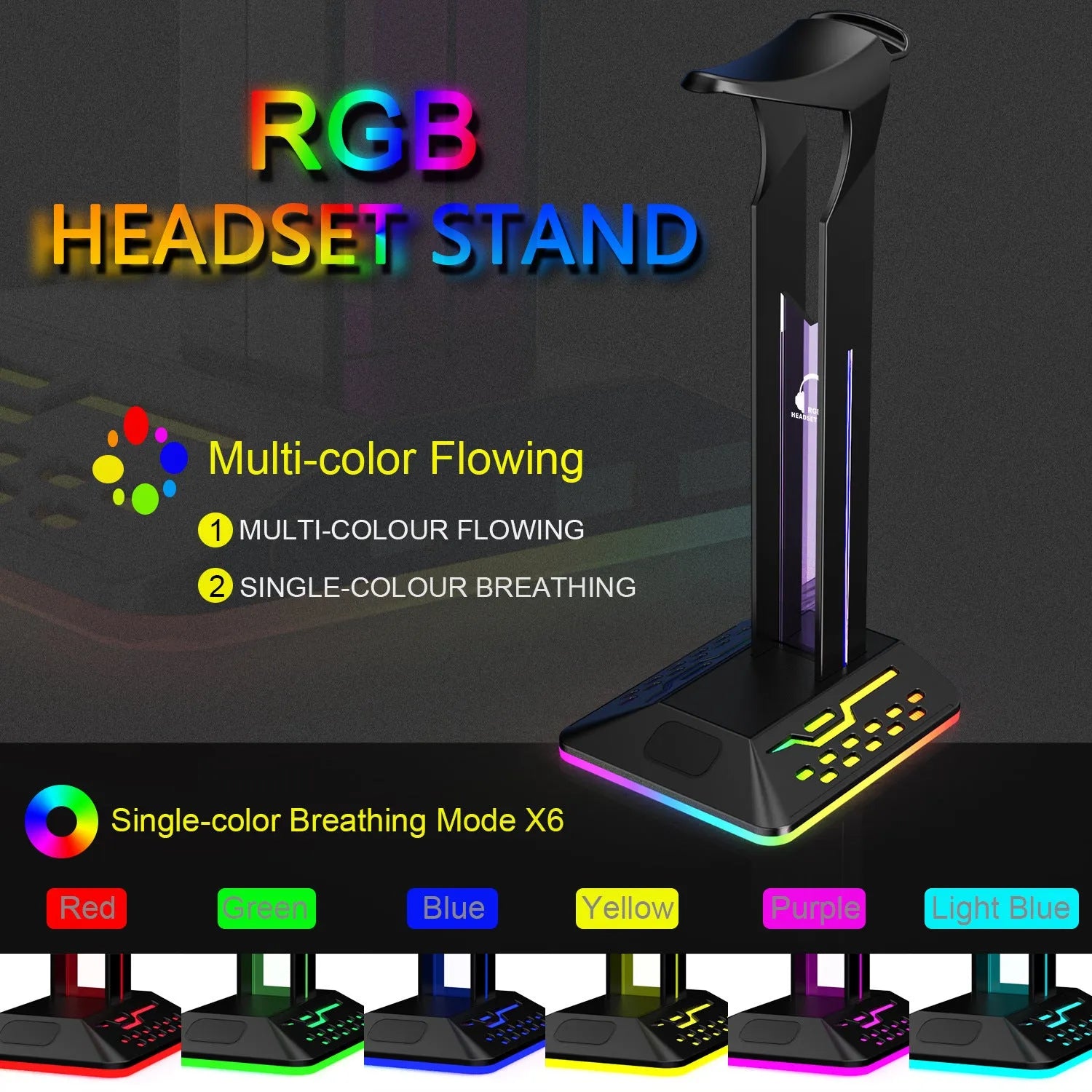 RGB headphone display stand with dual USB ports and colour changing lights on a desk