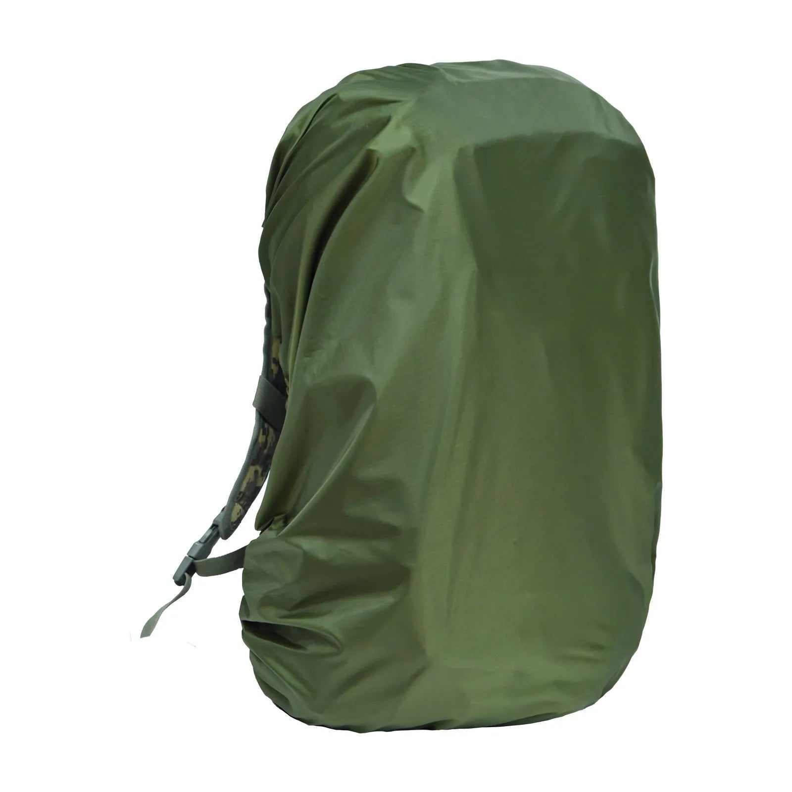 Army green waterproof rain cover for a large 80 litre backpack on a hiking trail.