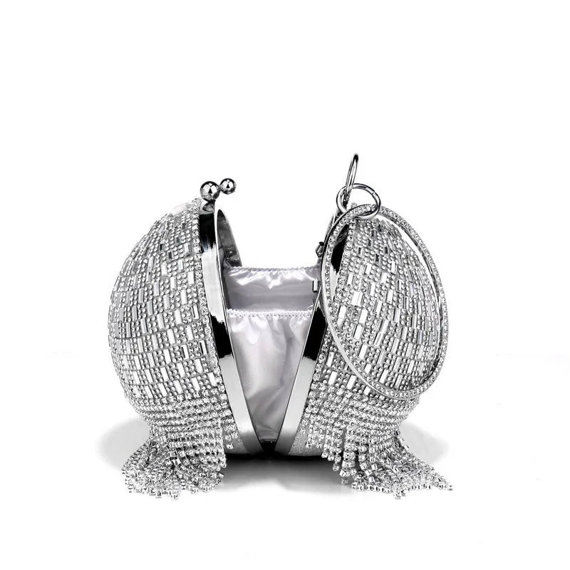 Shining rhinestone round tassel dinner bag in silver with polyester body and decorative tassel
