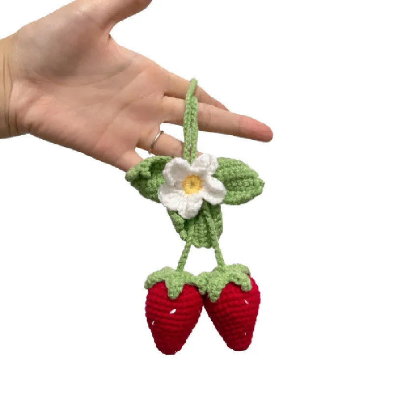 Handmade strawberry-shaped car weaving pendant crafted from cotton and hemp wool using hook knitting techniques