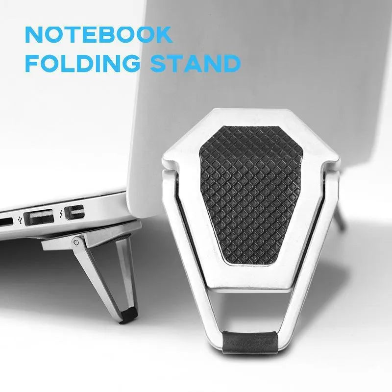 Foldable aluminium laptop bracket in silver colour with compact folded dimensions